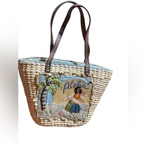 Q&A Hawaii Hula Girl‎ Aloha Straw Beige Beach Woven Small Tote Purse Bag